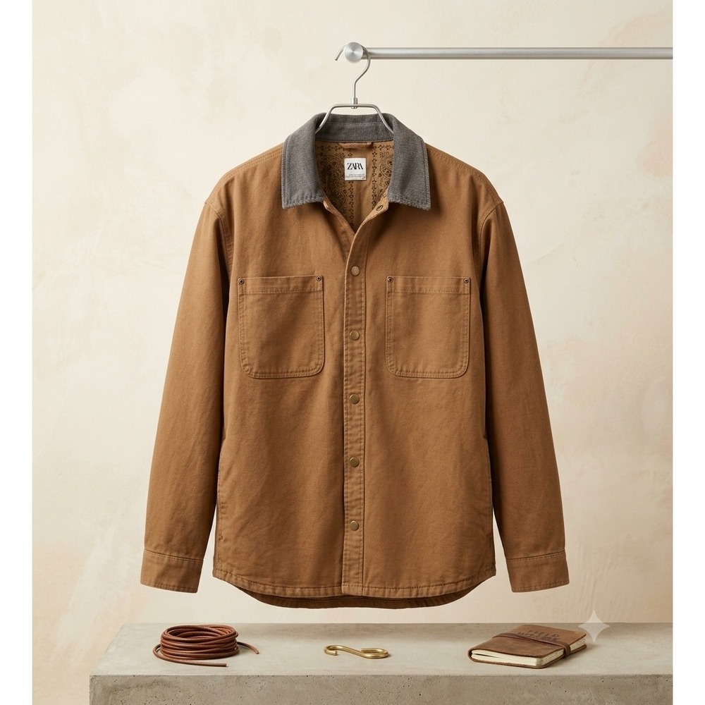 Zara Man Brown Canvas Workwear Jacket Paisley Lining Corduroy Collar Large